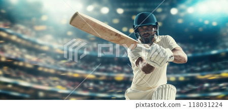 Focused Hit. Competitive and concentrated sportsman during cricket match, hitting ball with focus and power. Precision and determination required in professional cricket. 118031224