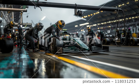 Pit crew working with focus, ensuring the car is race-ready, showcasing their dedication to performance in all weather conditions. Pit crew working with focus, ensuring the car is race-ready, showcasing their dedication to performance in all weather conditions. 118031253