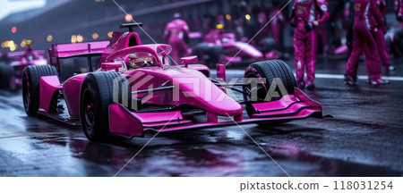 Purple Formula 1 car, surrounded by team of mechanics in matching suits, preparing to take on the wet track, showcasing intensity of the sport. Purple Formula 1 car, surrounded by team of mechanics in matching suits, preparing to take on the wet track, showcasing intensity of the sport. 118031254