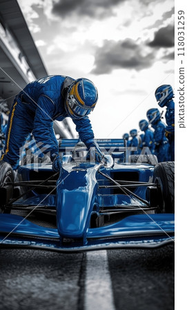 Pit crew member adjusting the car setup, the team stands by, poised for the next high-speed challenge. 118031259