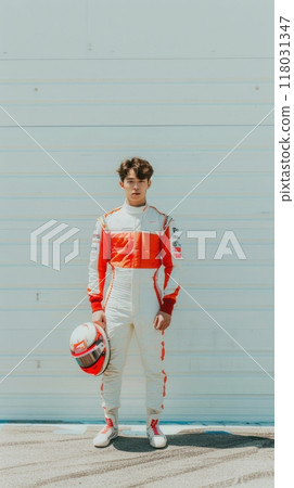 Young racer in white and red uniform, standing with helmet in hand, prepared for the intense speed and competition Young racer in white and red uniform, standing with helmet in hand, prepared for the intense speed and competition 118031347