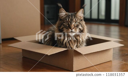 A cat (Maine Coon) getting into a cardboard box in the living room 118031357