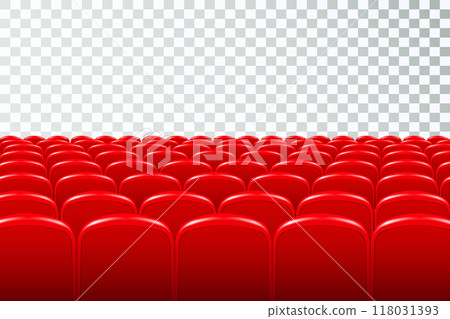 Rows of red cinema or theater seats in front of transparent background. Vector. 118031393