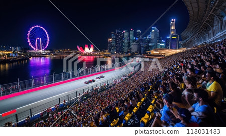 Panoramic image of vibrant nighttime scene of a Formula 1 race in a city setting. Tribune of spectators watching race event 118031483