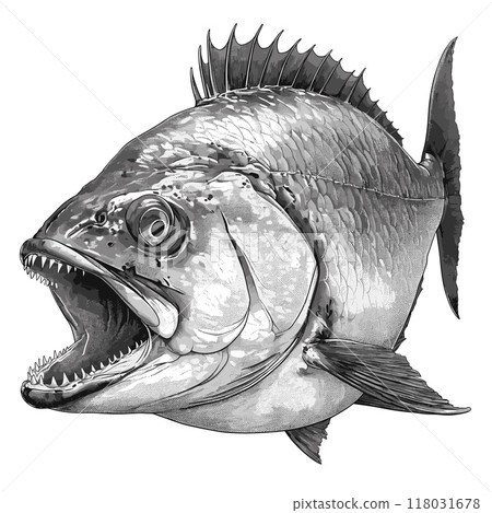 piranha. predatory fish, drawing linocut animal reservoir river predator dangerous jaw teeth vector illustration 118031678