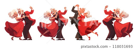 old people dancing. loving elderly couple in dance, grandfather grandmother pensioners party red dress suit bow tie tuxedo outfit happiness love waltz vector illustration cartoon 118031693