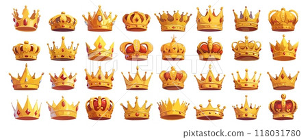 golden crowns set. medieval royal headdress, jewelry royal king emperor queen historical ancient power ruler vector illustration 118031780