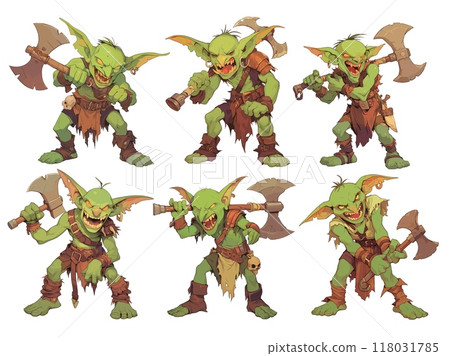 goblin with axe. green troll, fantasy monster evil beast fictional fairy tale character weapon aggression grin teeth hostile set of vector illustrations 118031785