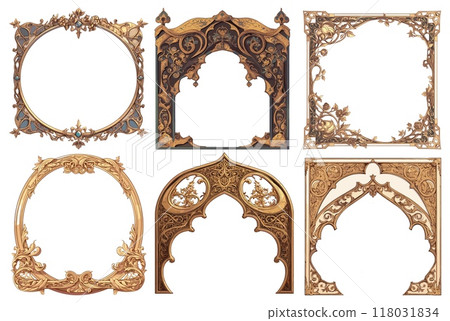 frame arabic. framing border photo decoration arch graceful oriental carving window floral. vector illustration 118031834