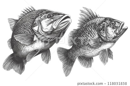 fish. fishes, fishing river sea animal fin scales catch drawing engraving black and white linocut vector illustration 118031838