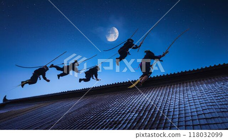 忍者從一個屋頂跳到另一個屋頂的圖像 忍者從一個屋頂跳到另一個屋頂的圖像 118032099