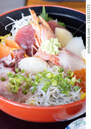 Delicious seafood bowl with lots of ingredients 118032372
