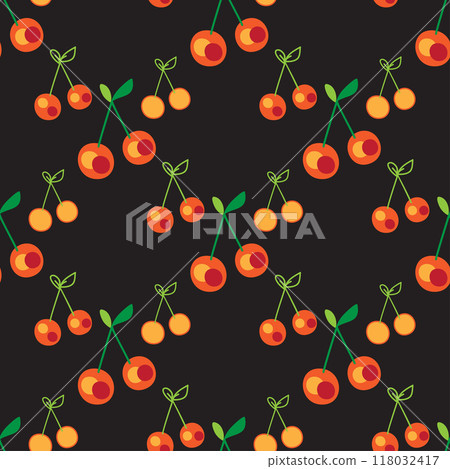 Cherry seamless pattern, red green on black background, botanical outline vector illustration. Graphic design for background, packaging, textile, banner, greeting card, wedding, invitation, magazin 118032417