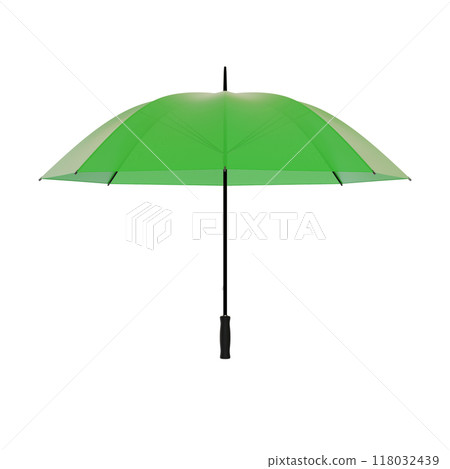 Open green umbrella with black handle, isolated on white background 118032439