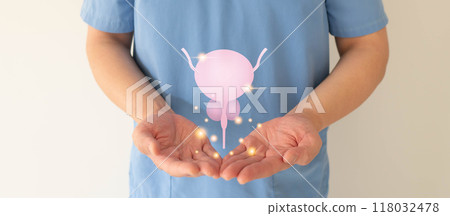 Man holding healthy bladder and prostate gland hologram. Awareness of BPH, prostate cancer, bladder cancer and men health care. Urology and male reproductive concept. 118032478