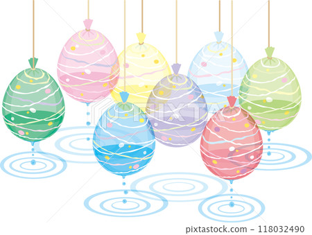 Water balloons_pastel colors_water filled_8 colored water balloons and water drops_ripples 118032490