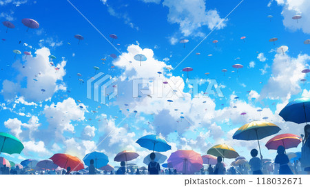 People holding umbrellas under the blue sky. Lots of people and floating umbrellas. People holding umbrellas under the blue sky. Lots of people and floating umbrellas. 118032671