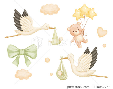 Watercolor stork carries newborn and cute baby bear with balloon. Cute hand drawn illustrations set isolated on white background 118032762