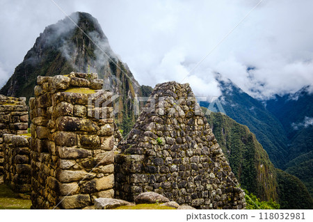 Sunshine view of Machupicchu stone anchient walls and temple among mountains 118032981