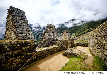 Sunshine view of Machupicchu stone anchient walls and temple among mountains 118032982