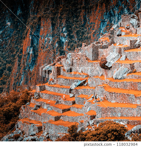 Amazing scenery of majestic ancient stone Machu Picchu temple 118032984