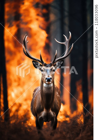 Amidst the tragedy of a forest fire, a deer's presence reminds us of the fragility of wildlife 118033096