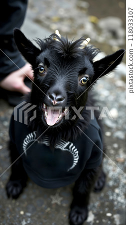 A small black goat wearing a black shirt with a skull on it's head 118033107