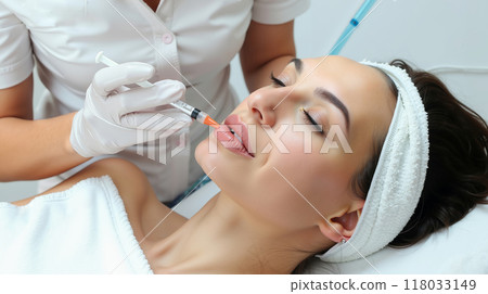 A woman getting a botox injection on her lips 118033149