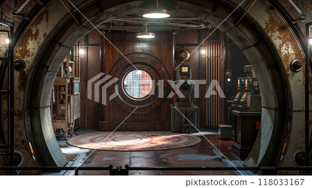 A room with a round window in the middle of it 118033167