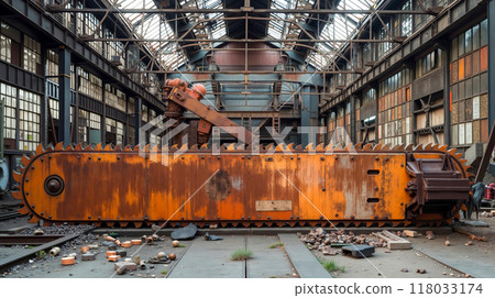 A large orange bulldozer sitting inside of a large industrial building 118033174