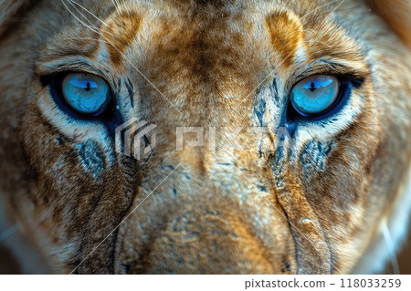 Close-up photo of a blue eyed lioness. Close-up photo of a blue eyed lioness. 118033259