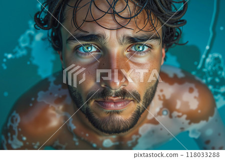 A man with blue eyes in a pool of water A man with blue eyes in a pool of water 118033288