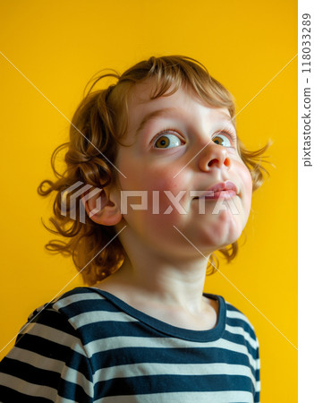 A little boy with curly hair looking up at the sky A little boy with curly hair looking up at the sky 118033289