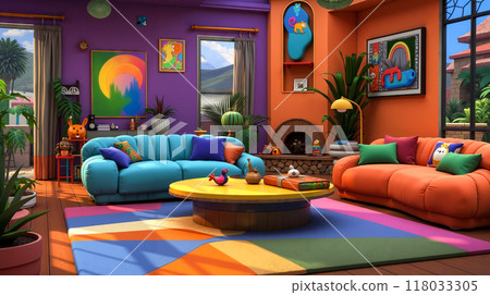 A living room filled with colorful furniture and plants 118033305