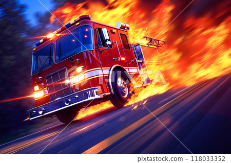 A fire truck driving down a road with flames coming out of it 118033352