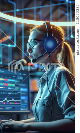 A woman wearing a headset sitting at a desk in front of a computer 118033383