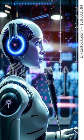 A robot with headphones and a microphone in front of a screen 118033384