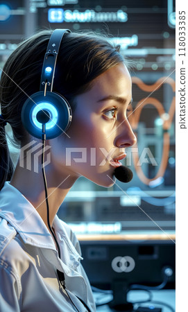 A woman wearing a headset in front of a computer 118033385