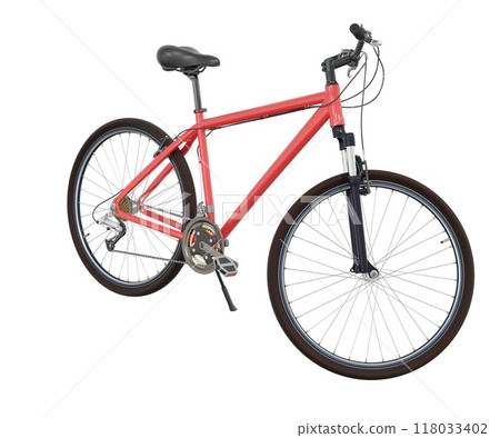 Red bicycle standing on kickstand, front side view isolated on white background 118033402