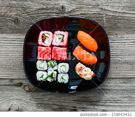 various sushi on white plate 118033412