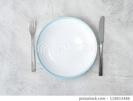 Fork,knife and white plate Fork,knife and white plate 118033486