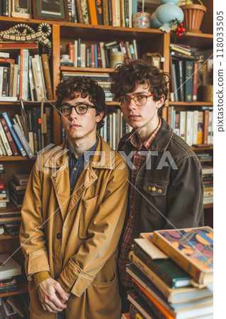 Two young men standing next to each other in front of a bookshelf full of books 118033505