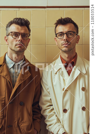 Two men standing next to each other in front of a wall 118033514