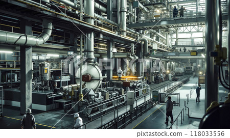 A group of people standing in a large industrial building A group of people standing in a large industrial building 118033556