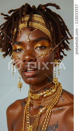 A woman with dreadlocks wearing a gold headpiece and gold jewelry A woman with dreadlocks wearing a gold headpiece and gold jewelry 118033557