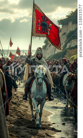 A man riding on the back of a white horse holding a red flag A man riding on the back of a white horse holding a red flag 118033577