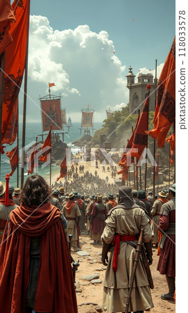 A group of people standing on top of a beach next to a body of water A group of people standing on top of a beach next to a body of water 118033578