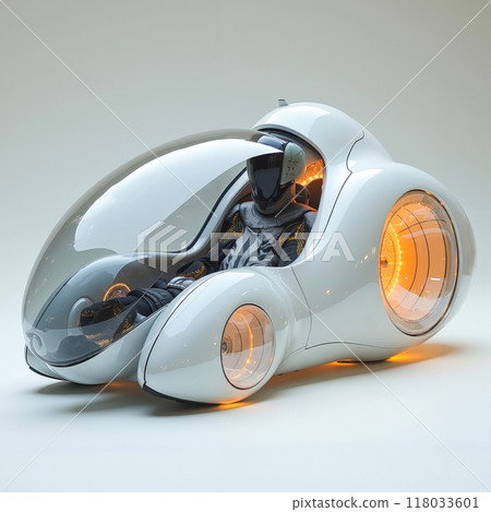 A futuristic car with a man sitting in the driver's seat 118033601