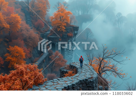 A person standing on the edge of a stone wall surrounded by trees 118033602