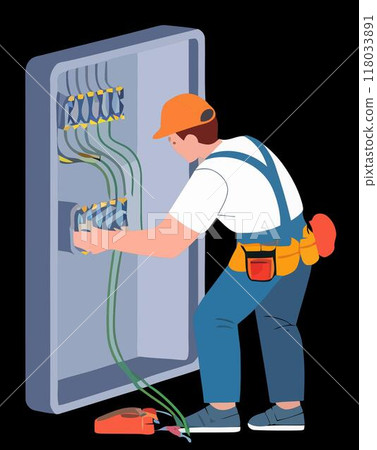 Electrician in 2D Flat Design Fixing a Power Outlet with Tools and Tester 118033891